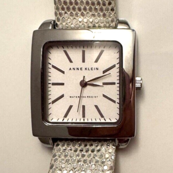 Anne Klein Women Silver Glitter Sparkle Square Bezel Watch Leather Band NWT - Picture 13 of 13